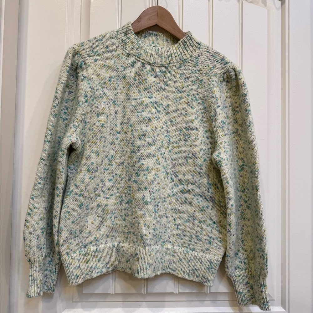 Talbots Petite Cream with Pastels Wool Blend Mock Neck Puff Sleeve Sweater. LP
